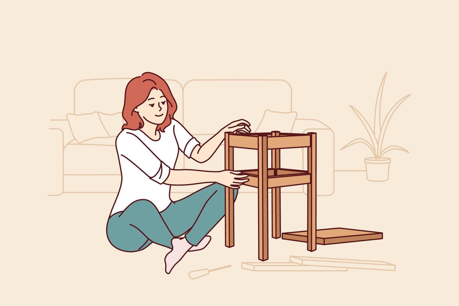 Woman assembles stool with own hands, sitting on floor in apartment and making home more comfortable vector