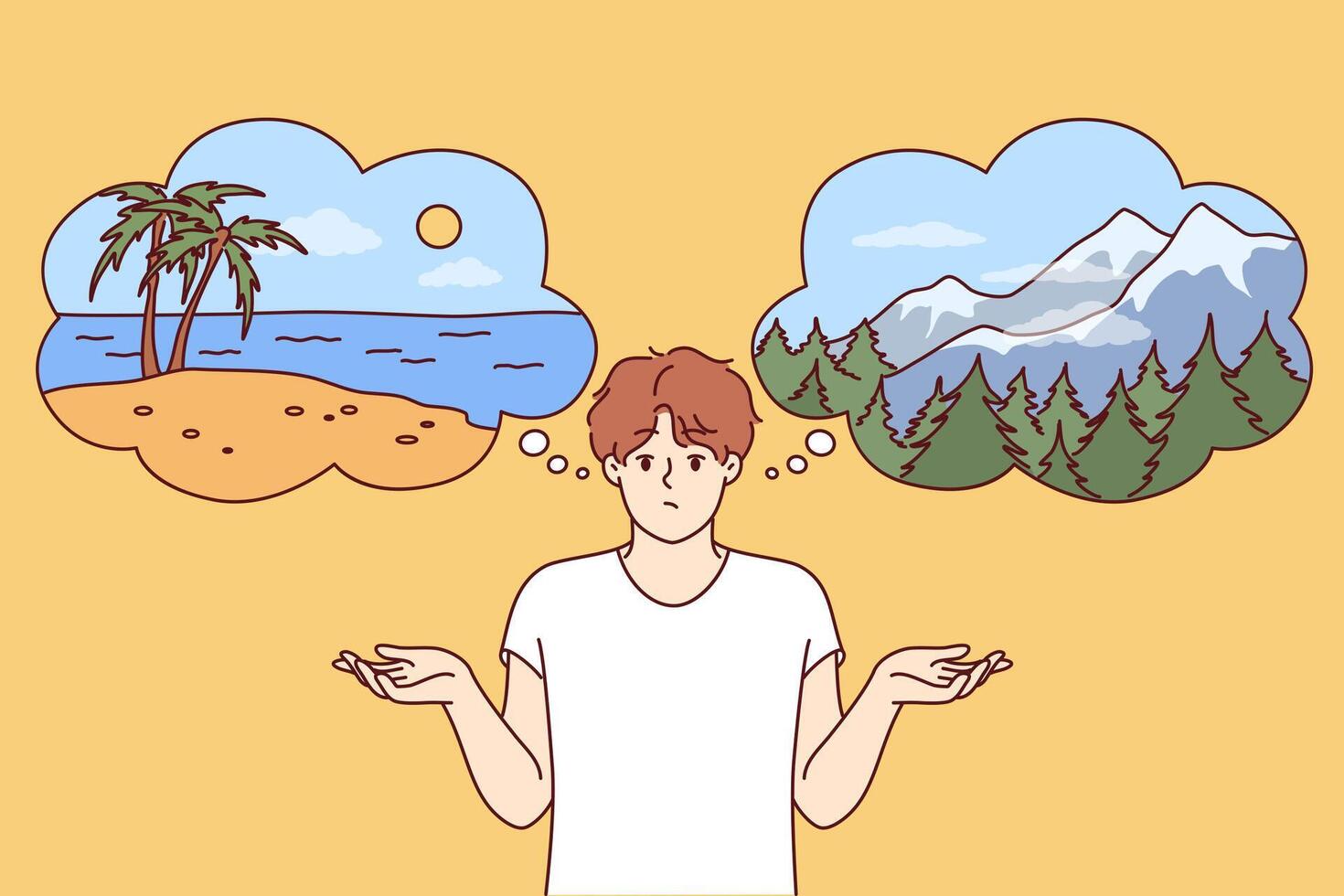 Man traveler chooses place for summer vacation between beach and mountains, spreads arms vector