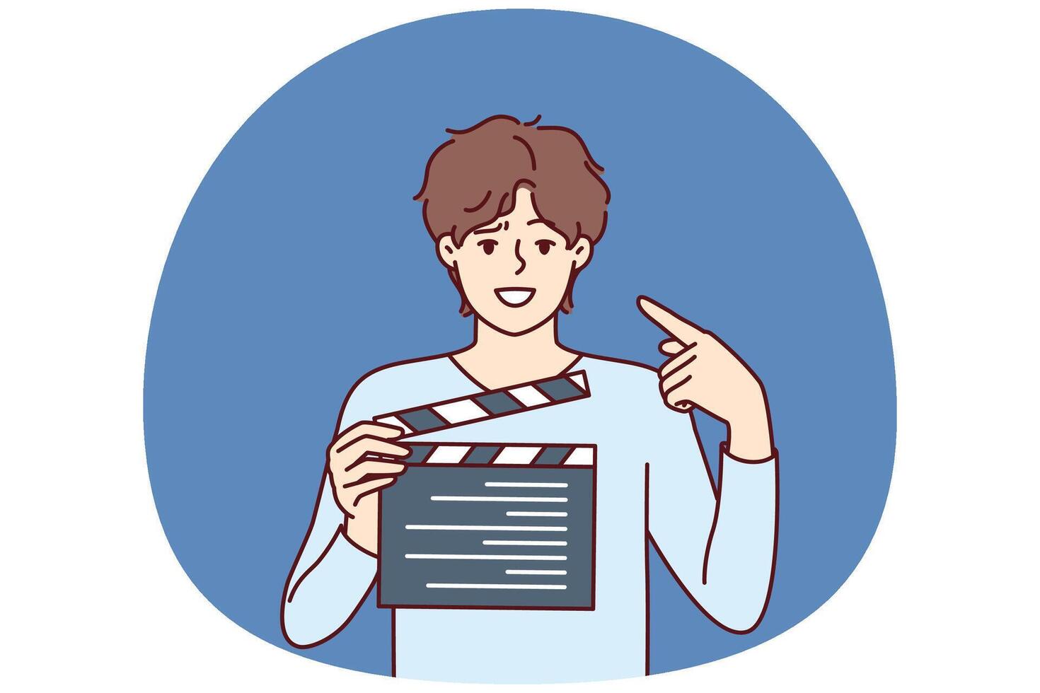 Man producer with clapboard in hands looks at screen while working on set of film or clip vector