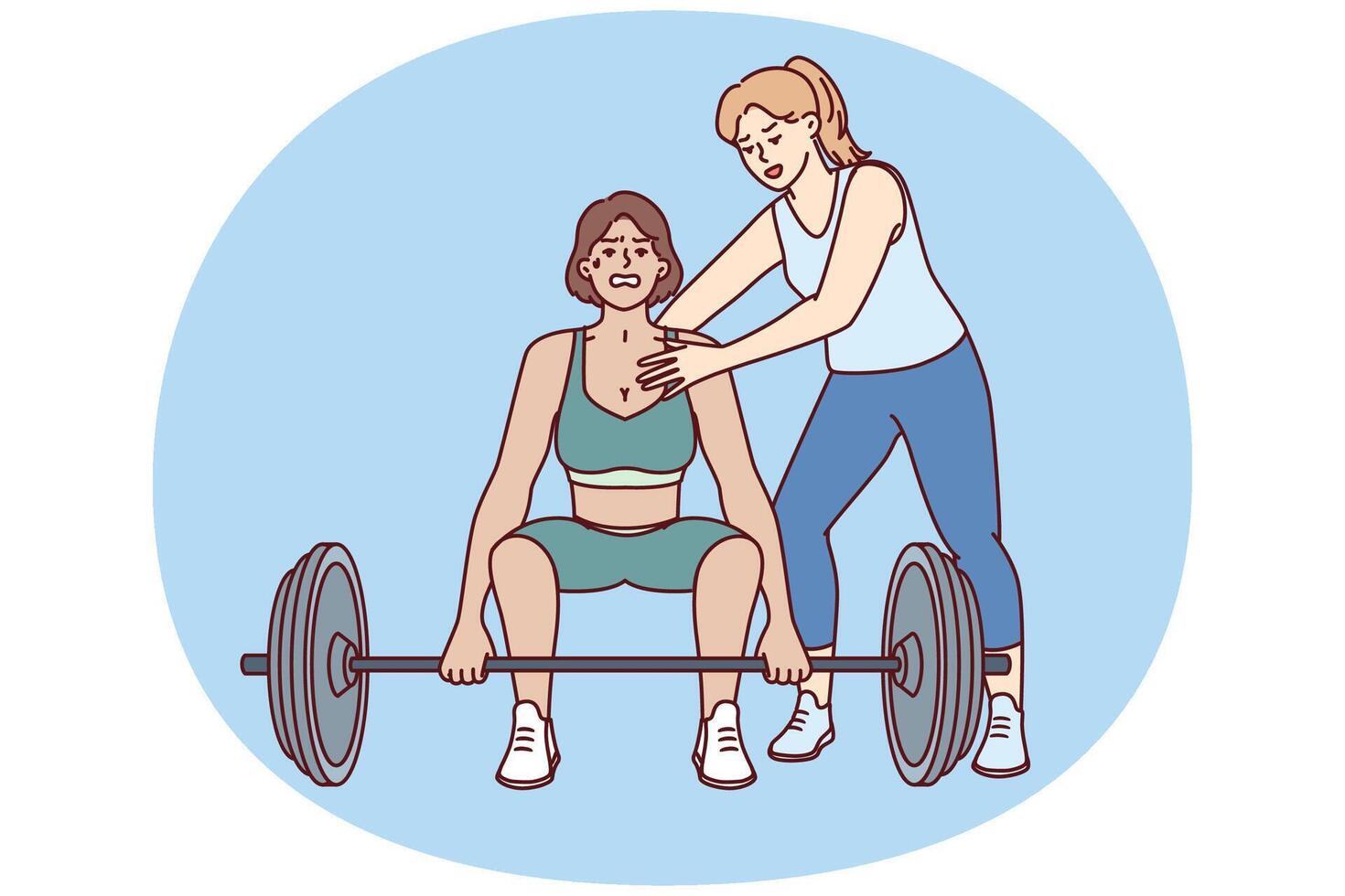 Strong athlete lifts heavy barbell under supervision of personal trainer from gym teaching ward vector