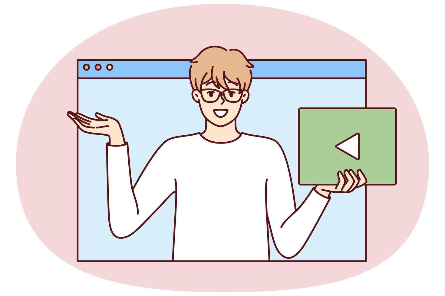 Young man in glasses with play button in hand looks out of web browser window vector