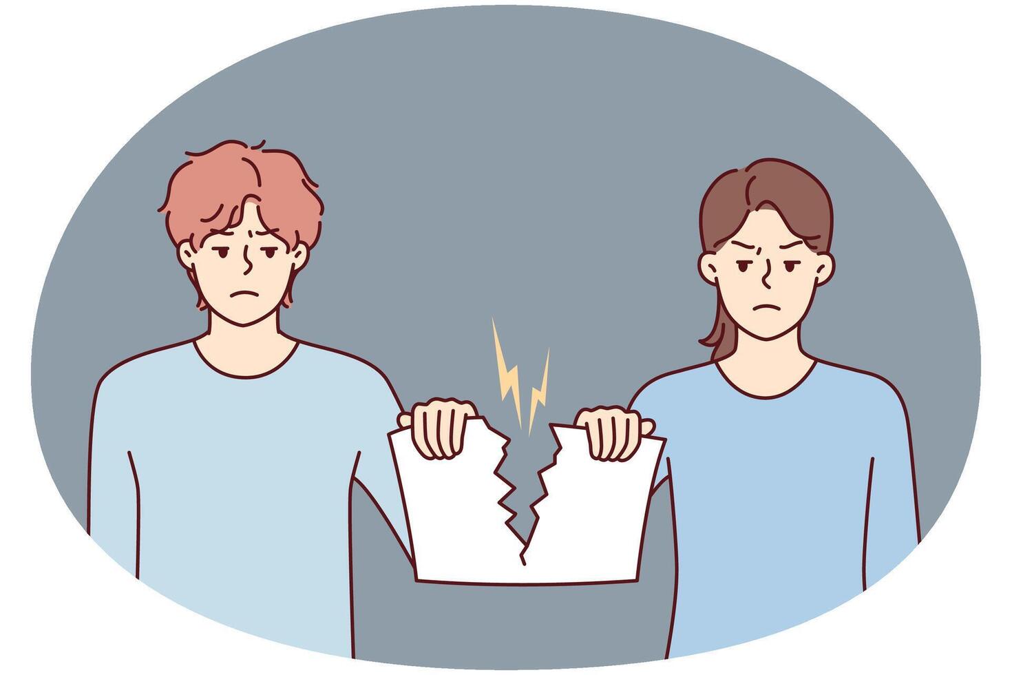 Angry man and woman holding sheet tearing paper after quarrel or family disagreement vector