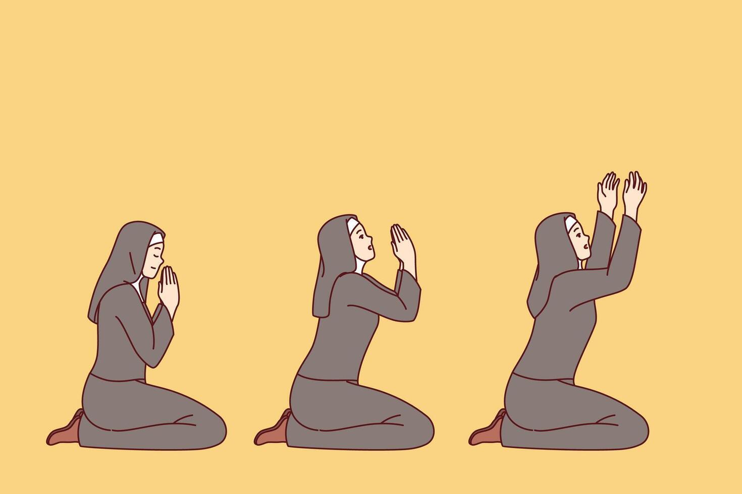 Praying catholic woman in christian cassock and headscarf kneels in different positions vector