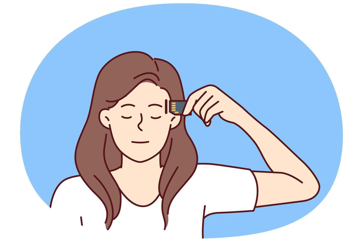 Woman robot closing eyes applies memory card to head, symbolizing technologies for integrating chips vector