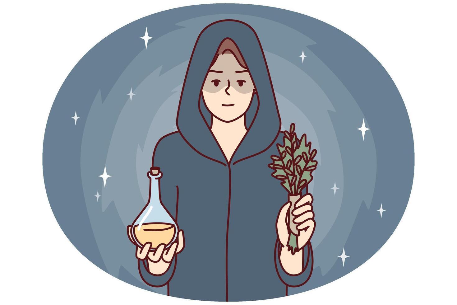 Woman sorceress dressed in cloak with hood holds miraculous elixir and sprig of plant vector