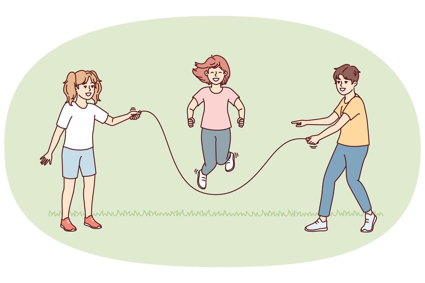 Children stand on lawn jumping rope relaxing during summer vacation or day off. image vector