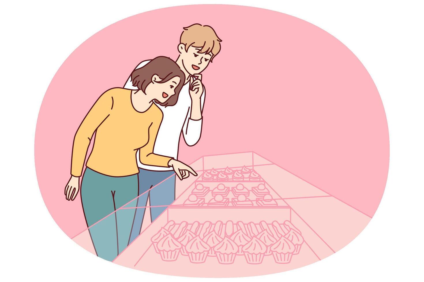 Young couple stands near showcase of pastry shop with cakes and desserts under transparent glass vector