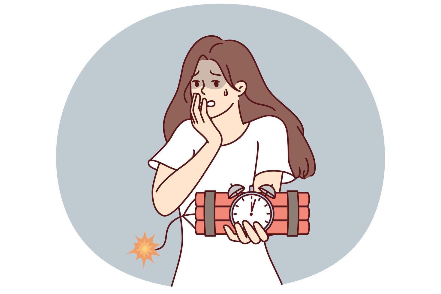 Frightened woman holding bomb in hands panicking because of explosion. vector