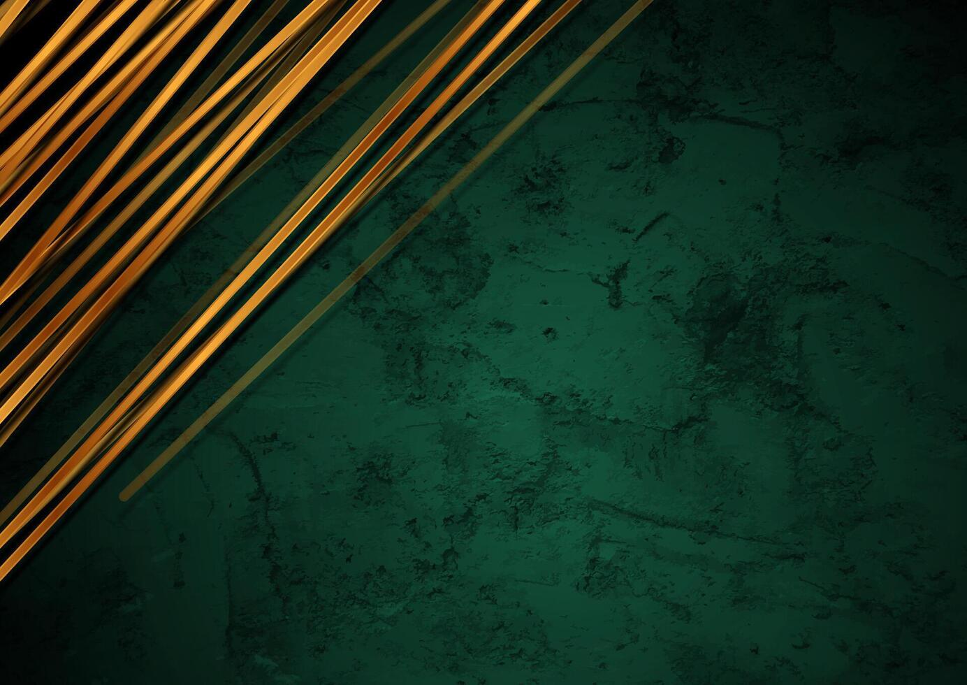 Golden glossy stripes on dark green grunge abstract background vector