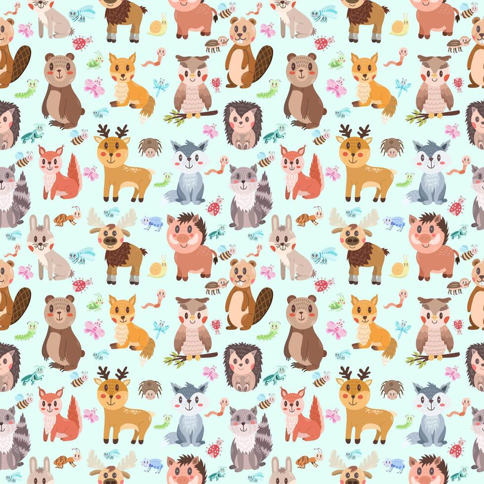 Seamless pattern with different kawaii cute forest wild animals - boar, beaver, elk, hedgehog, raccoon and wolf. Cartoon nursery design vector