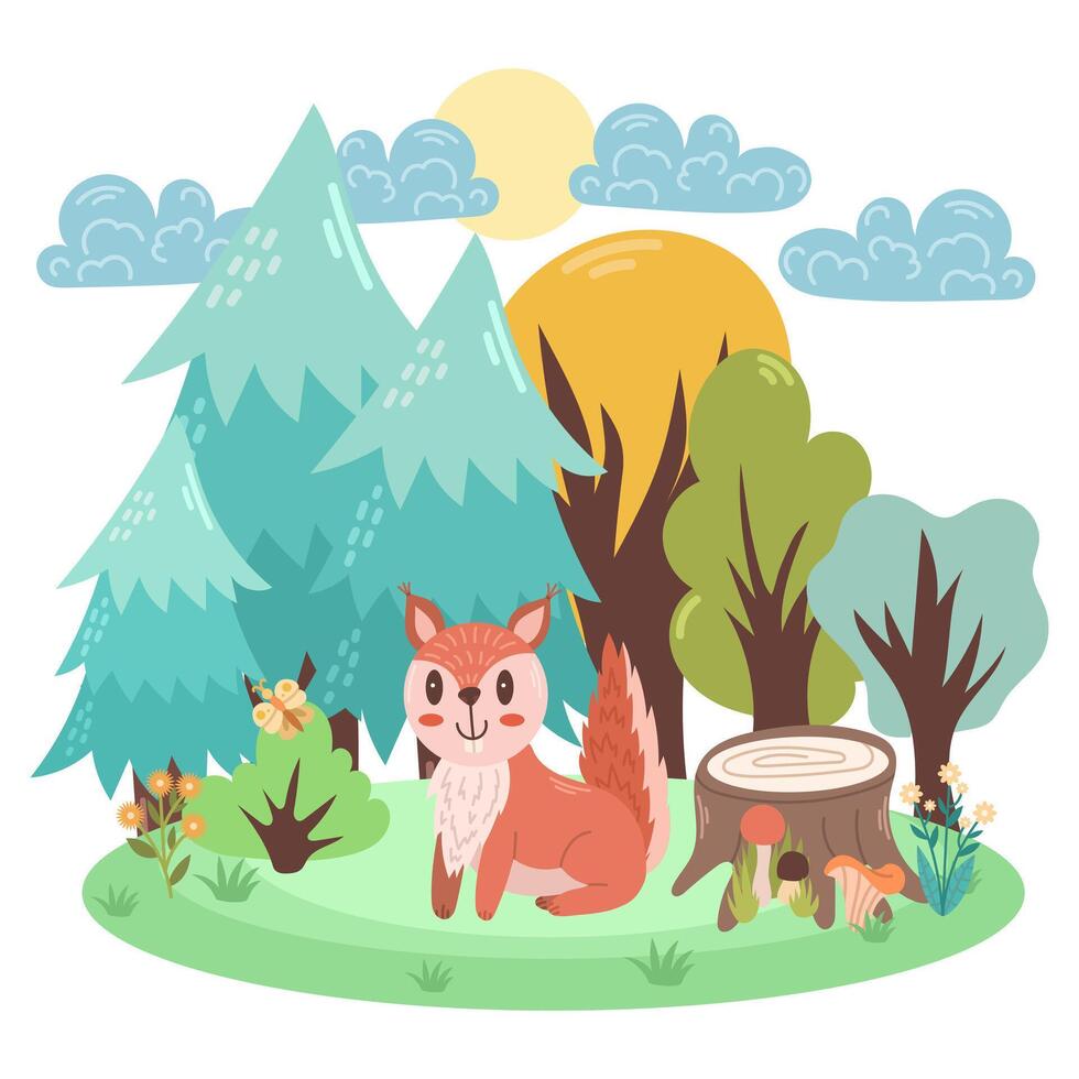 Cute illustration with a squirrel among the forest. children's scene. vector