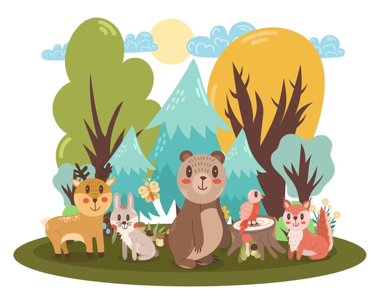 Cute illustration with different fox animals in flat style - bear, hare, deer, bird, squirrel. children's scene. vector