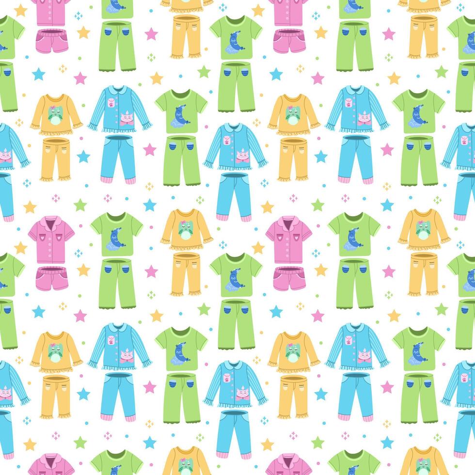 Seamless pattern with different children's sleepwear - multicolored background vector