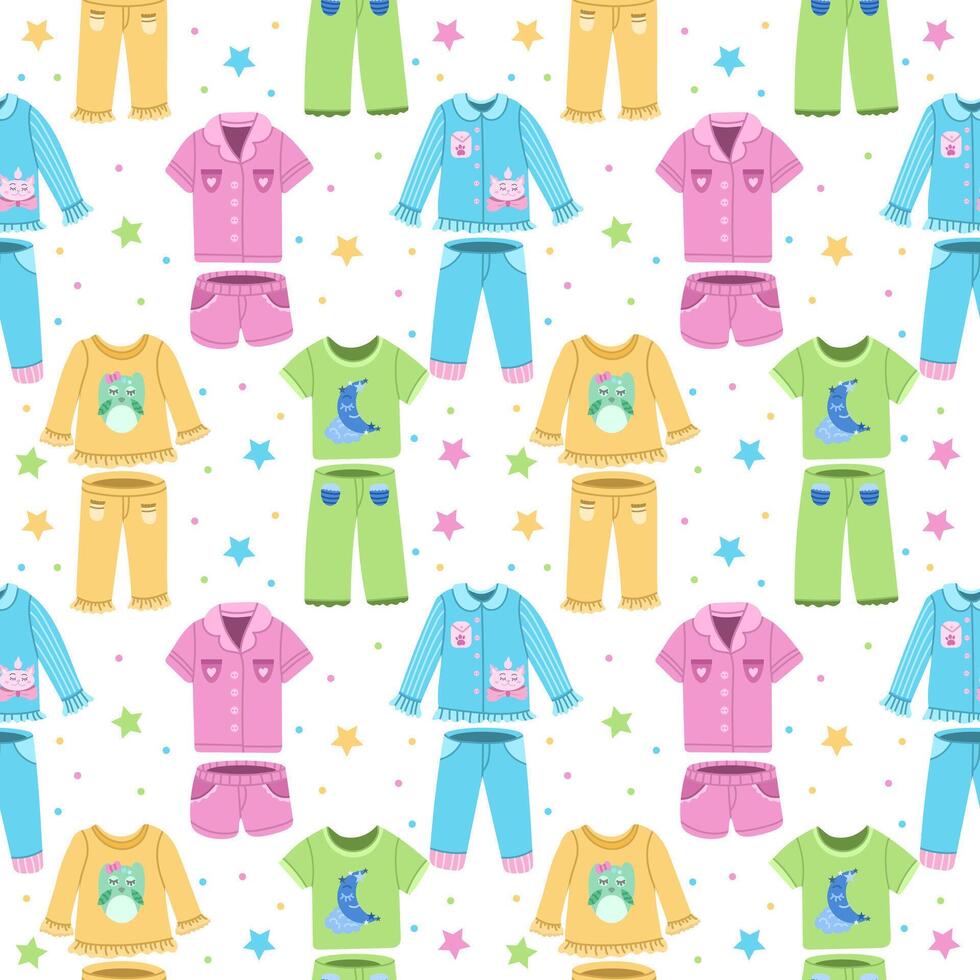 Seamless pattern with different children's sleepwear - multicolored background vector