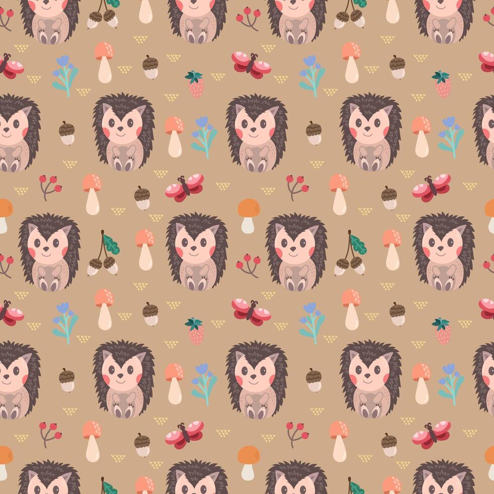 Seamless cute pattern with hedgehog and forest elements - log, flowers, trees, mushrooms, insects. Flat style children's vector