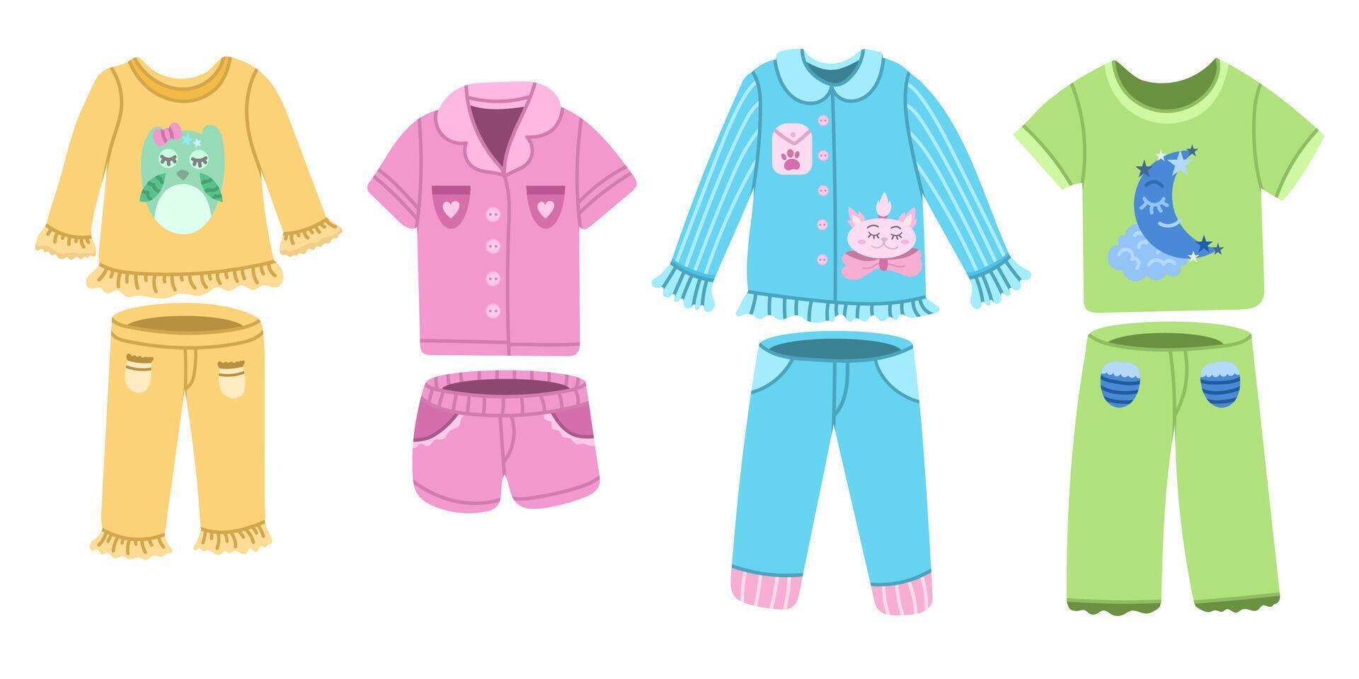 A set of sleeping sets and clothes. Colored children's or teenage colored clothing vector