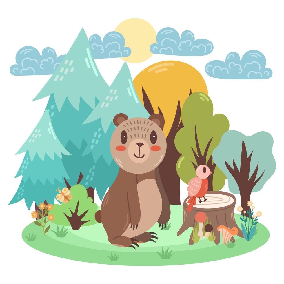 linda ilustración de un oso en el bosque. para niños escena. vector