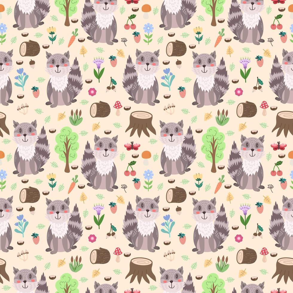 Seamless cute pattern with raccoon and forest elements - log, flowers, trees, mushrooms, insects. Flat style children's vector