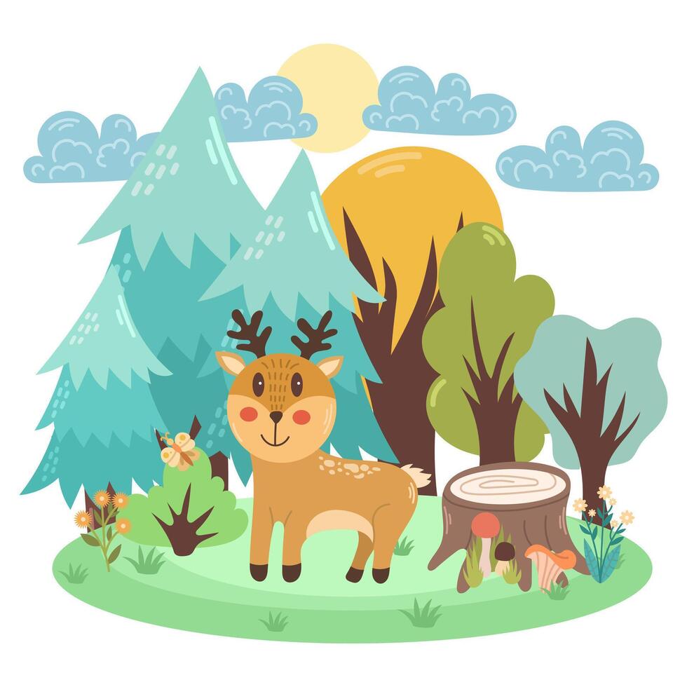 linda ilustración de un ciervo en el bosque. para niños escena. vector