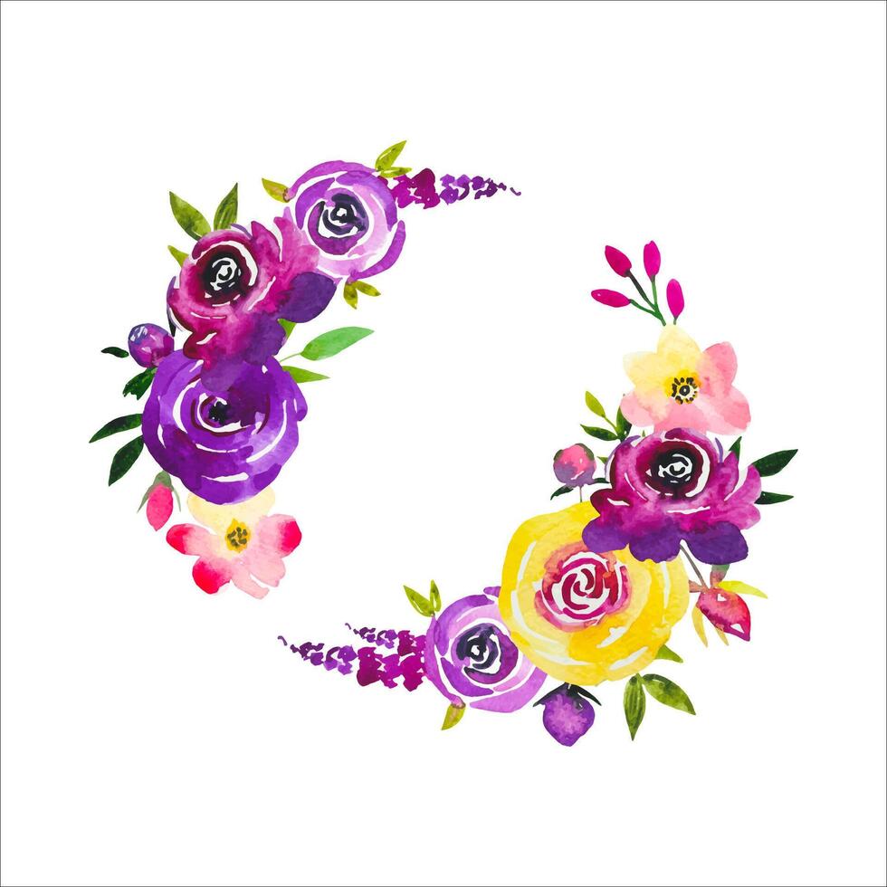 Floral wreath with purple and yellow flowers, watercolor vector