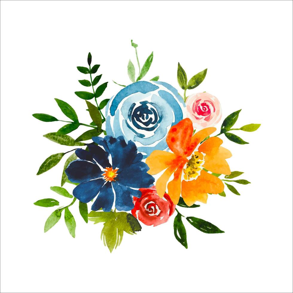 Watercolor floral bouquet, red, blue roses. vector