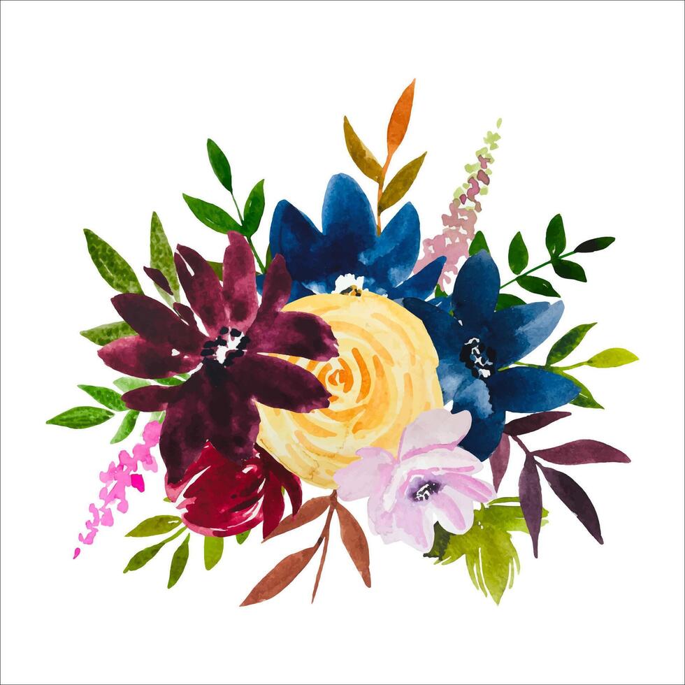 Watercolor floral bouquet, yellow, burgundy, blue roses vector