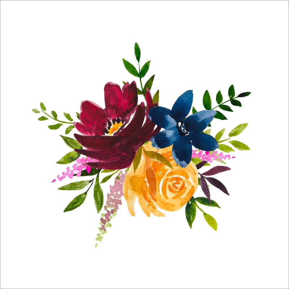 Watercolor floral bouquet, yellow, burgundy, blue roses vector