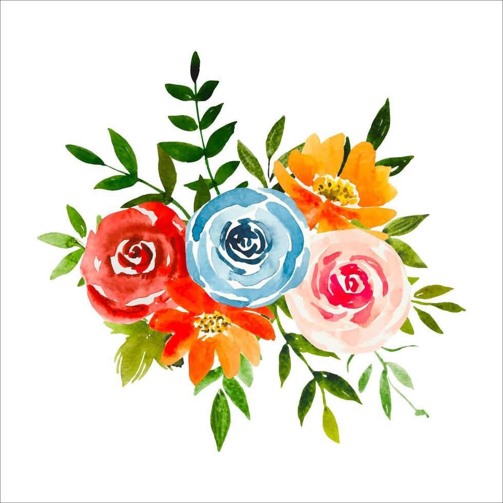 Watercolor floral bouquet, red, blue roses. vector