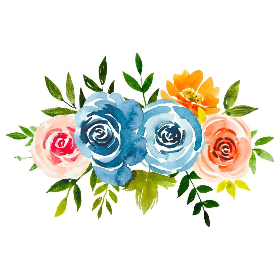 Watercolor floral bouquet, red, blue roses. vector