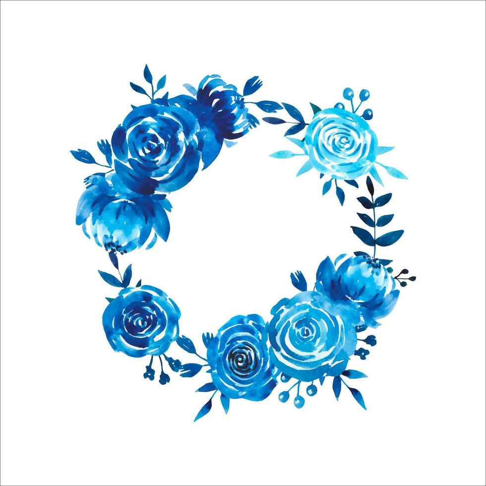 Floral wreath with blue flowers, watercolor vector