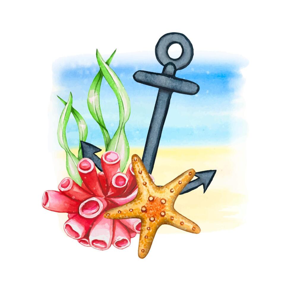 Marine composition with anchor, starfish and seaweed. Watercolor illustration vector
