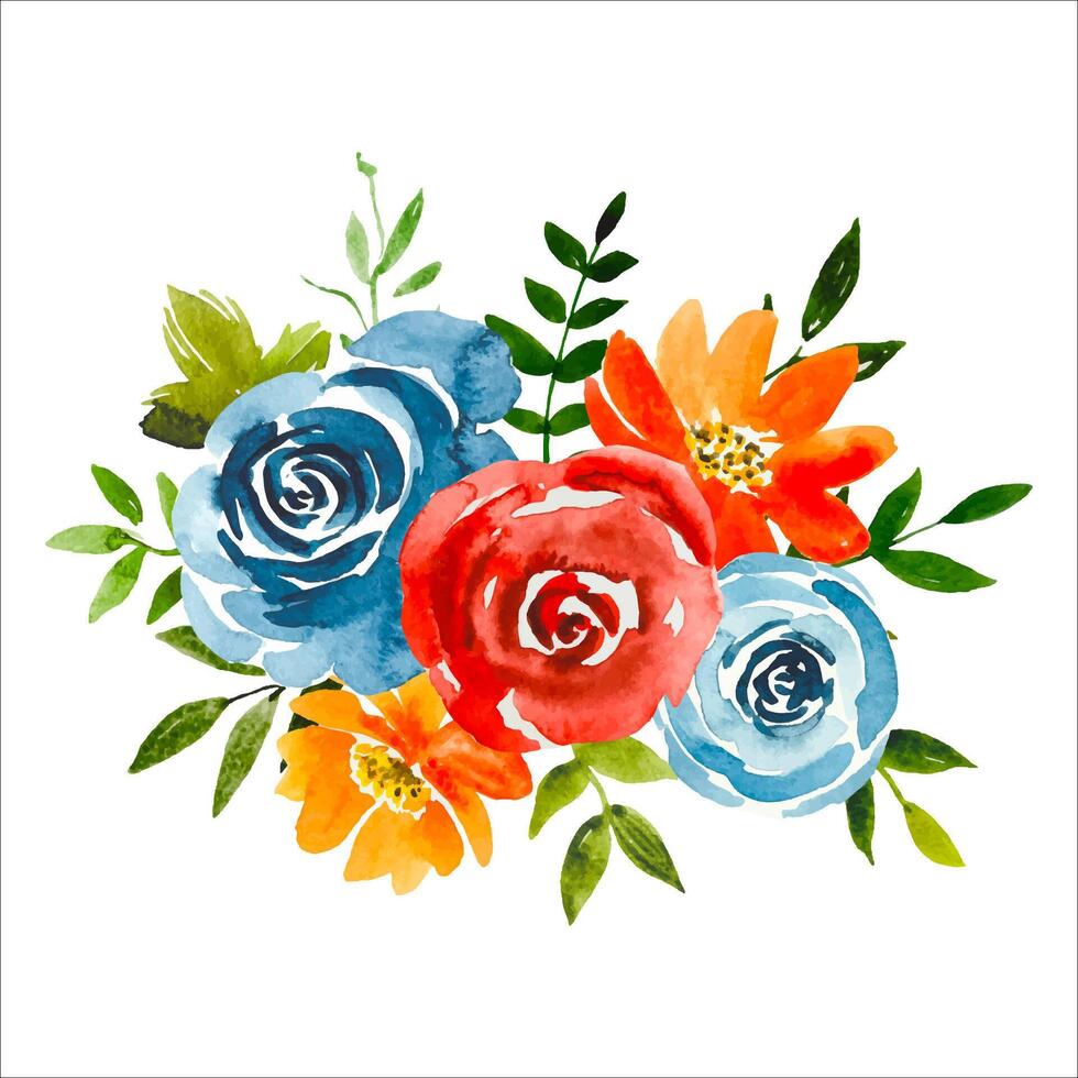 Watercolor floral bouquet, red, blue roses. vector