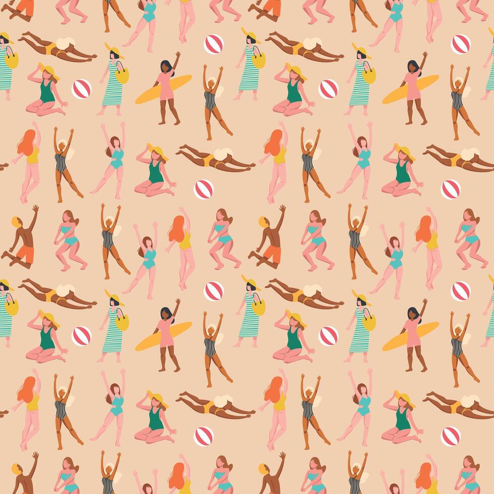 Seamless pattern with people lying on beach and sunbathing, reading books, surfers carrying surfboards. Backdrop with men and women relaxing at summer resort. illustration for fabric print. vector