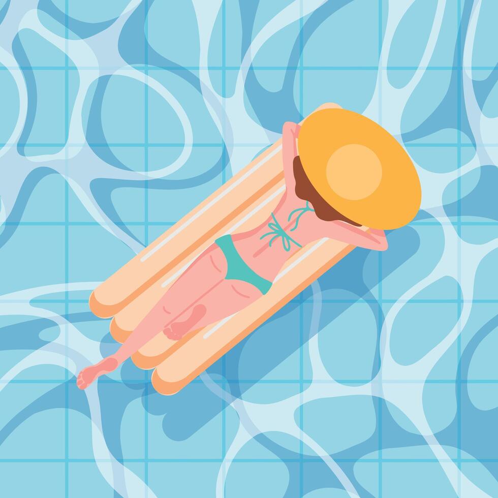 Woman relaxing on float swim ring. Flat style woman on vacation swimming in pool, resting or dreaming on water waves on inflatable ring or mattress. Summer travel and leisure on water, beach activity vector