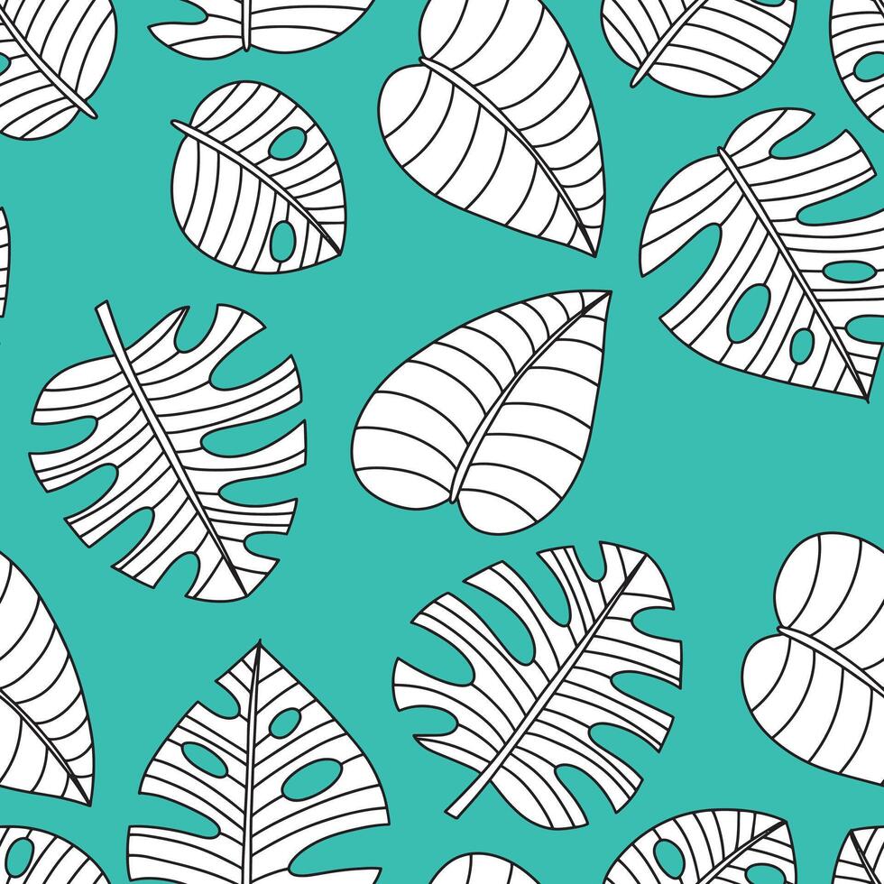 Tropical leaf line art wallpaper background. Design of natural monstera leaves and banana leaves in a minimalist linear outline style. Design for fabric, print, cover, banner, decoration. vector