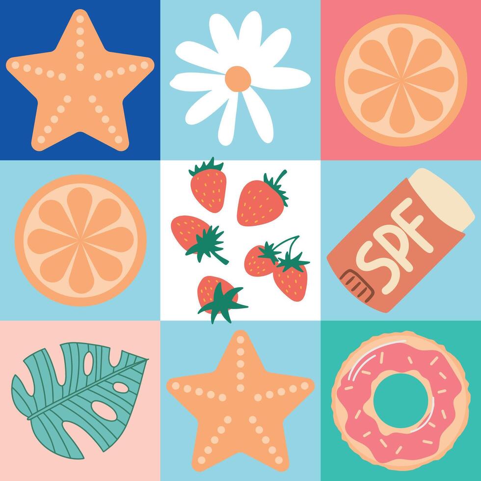 Geometric summer backgrounds with simple shapes and figures forming sunglasses,drink,orange,watermelon,pineapple,ice cream and other summer symbols.Posters,flyers,banners for covers,web,print vector