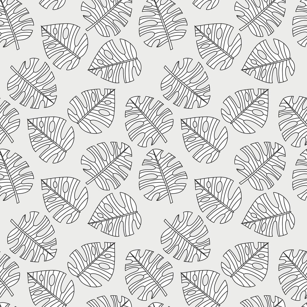 Tropical leaf line art wallpaper background . Design of natural monstera leaves and banana leaves in a minimalist linear outline style. Design for fabric, print, cover, banner, decoration. vector