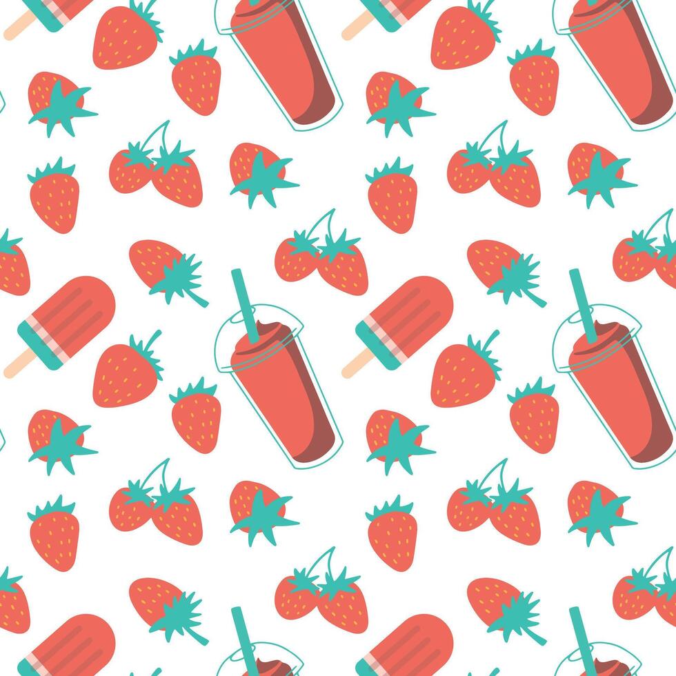 seamless pattern with ice cream and berries. Retro groovy print for fabric, paper, T-shirt. Aesthetic background for decor and design. vector