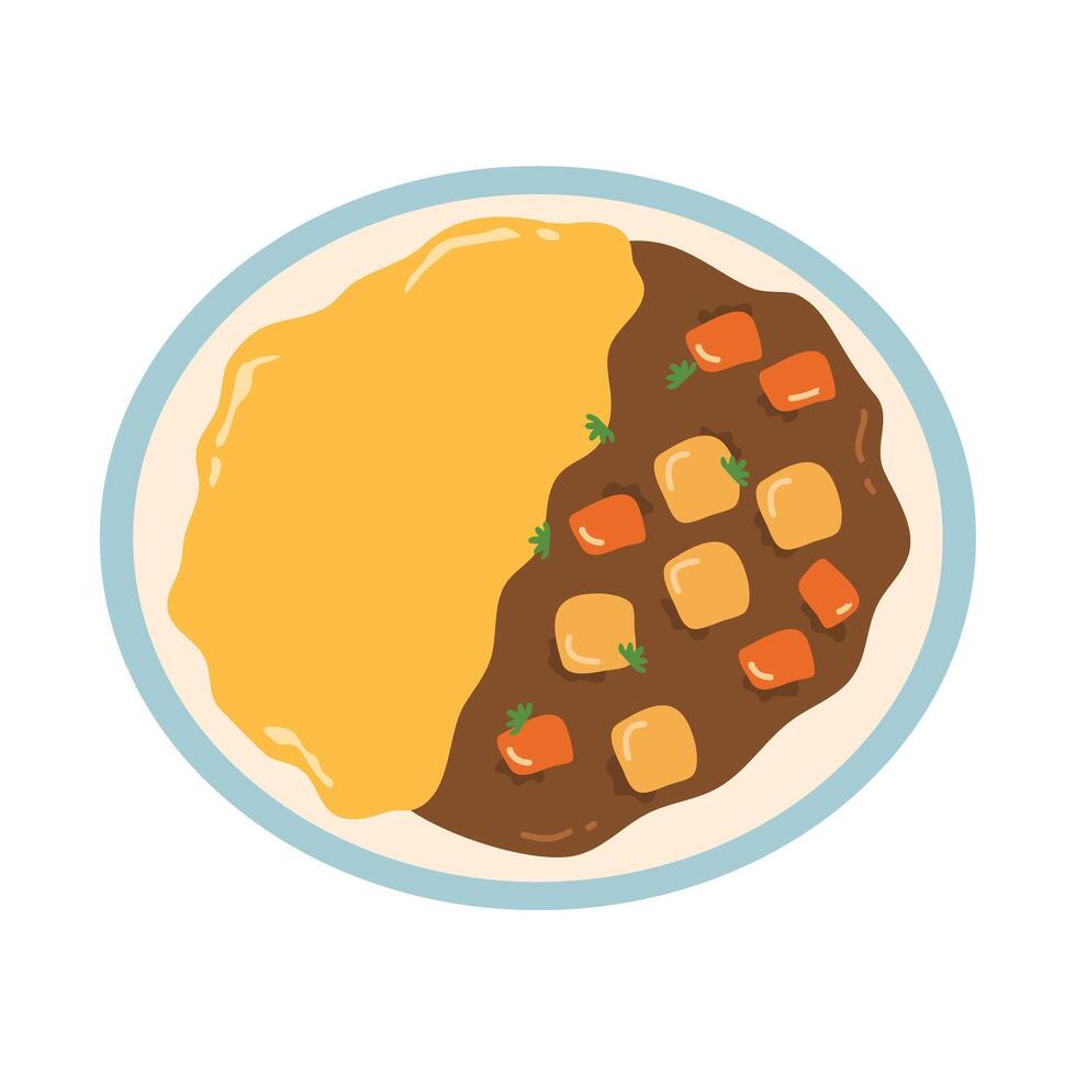 Japanese curry omelet rice with chicken and vegetables vector