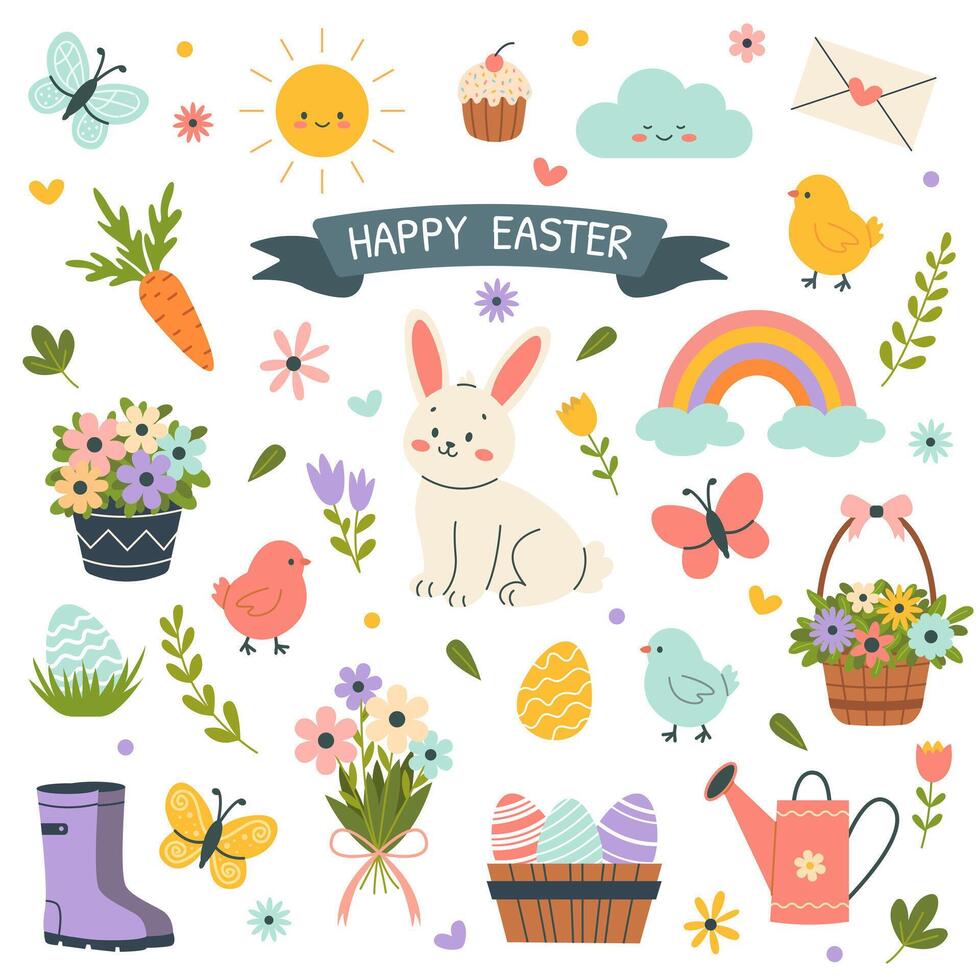 Spring easter set with rabbit, sun, flowers, chickens. illustration. vector