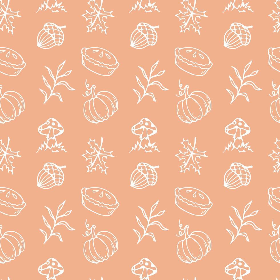 Autumn orange seamless pattern with pumpkins, apple pie, mushrooms and leaves in doodle style. illustration vector