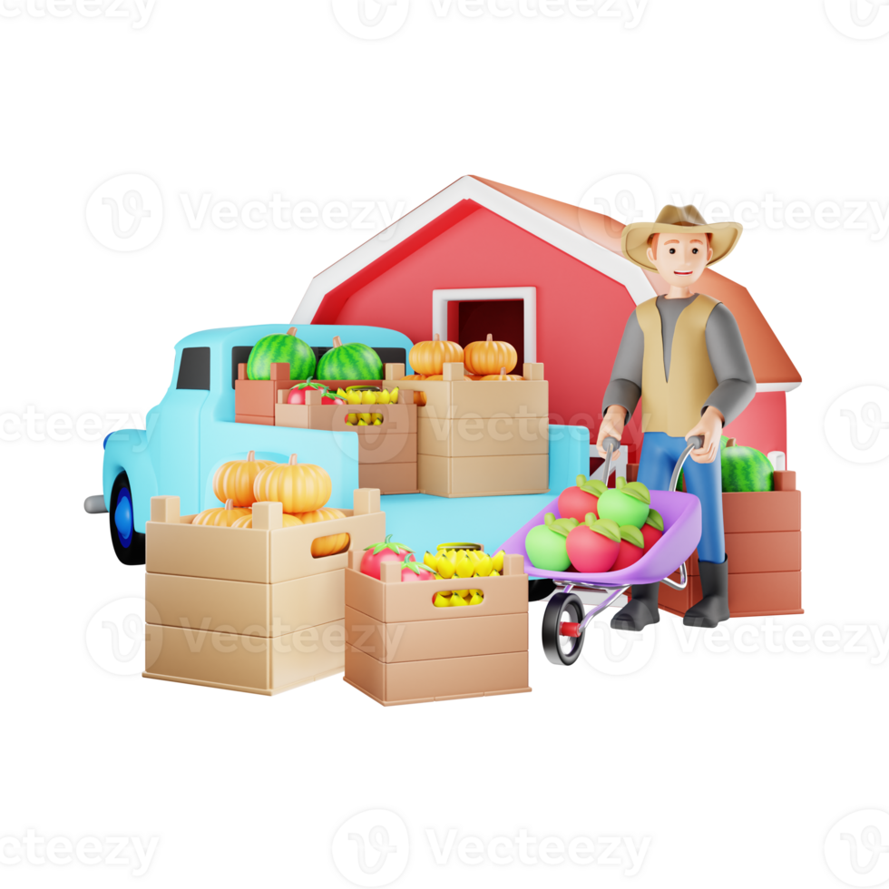 3D Farmer Character with Crop Ready to Transport - Harvest Season Illustration png