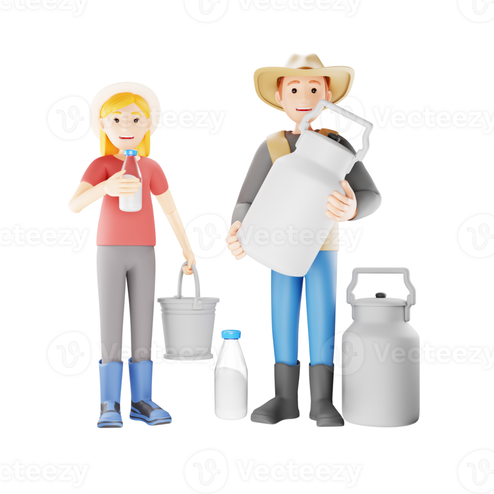 Farming Couple Gathering Fresh Milk in Bottle - 3D Character Illustration png