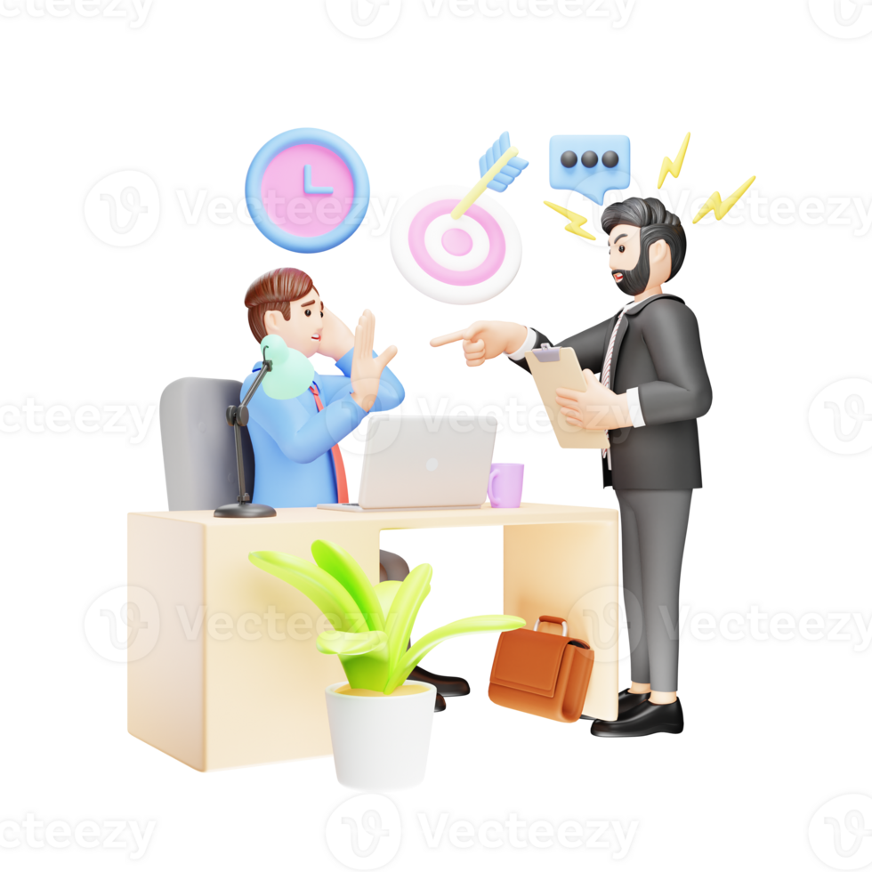 Angry Boss Confronting an Employee - 3D Character Illustration in Business Conflict png