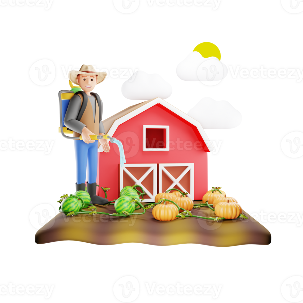 Farmer Spraying Insecticide on Crops - 3D Character Illustration png