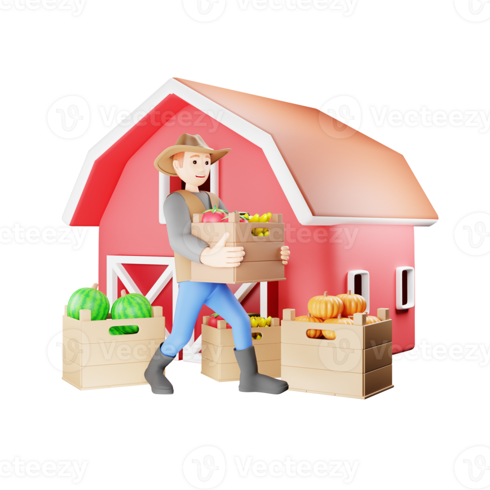 3D Character Illustration of Man Running with Wooden Box of Fresh Vegetables and Fruit png