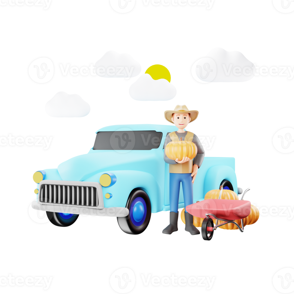 Farmer Delivering Goods Using Pickup Truck - 3D Character Illustration png