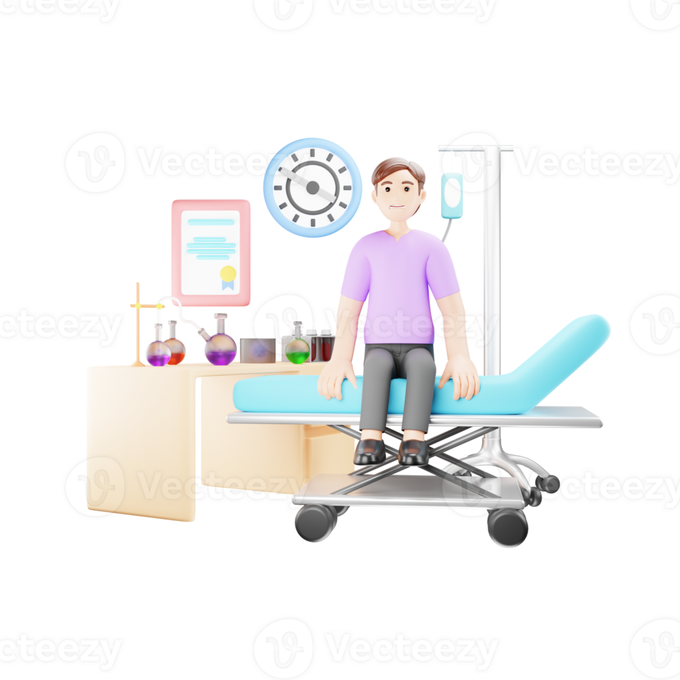 Patient Sitting on Hospital Bed in 3D Character Illustration png