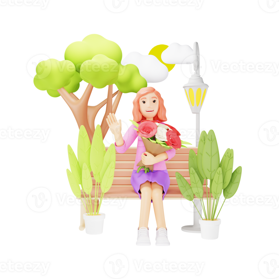 Girl Smiling with Flower Bouquet in Hand - 3D Character Illustration png