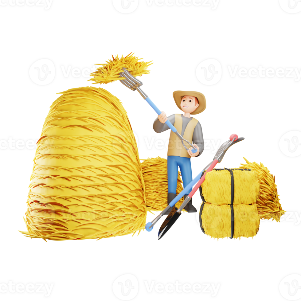 männlich Farmer Stapeln Heuhaufen im ländlich Landschaft - - 3d Charakter Illustration png